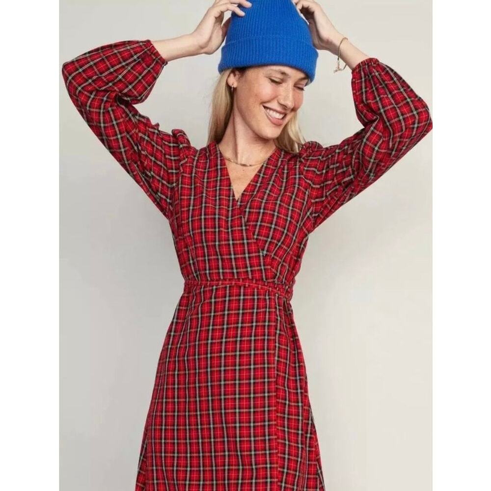 Old Navy XL Red Tartan Plaid V-Neck Wrap Long Sleeve Holiday Mini Dress NWT - Picture 12 of 13